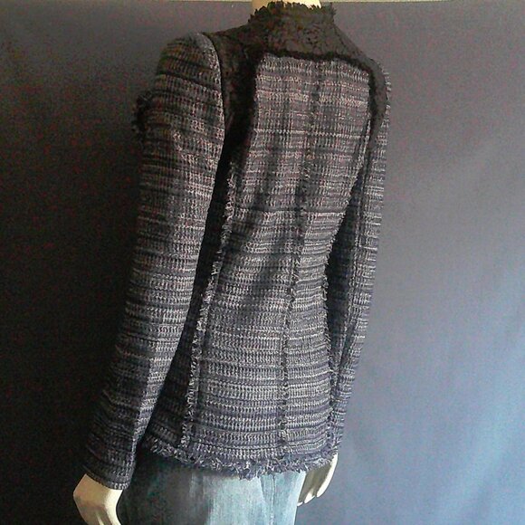 Rebecca Taylor Navy Blue Plaid Silver Lace Fringe Cotton Jacket 2 - Picture 10 of 13